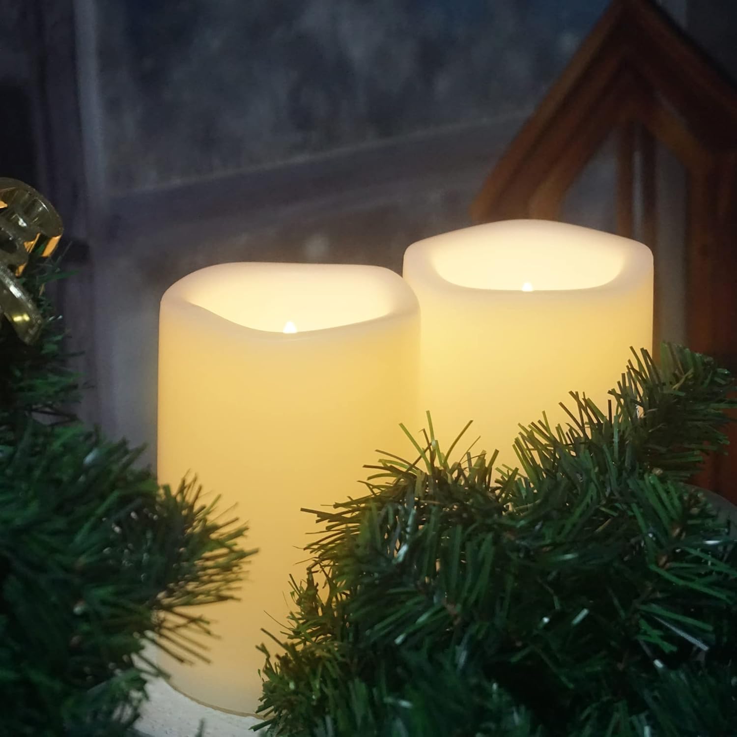 CANDLE CHOICE Waterproof Outdoor Battery Operated Flameless Candles with Timer Large Plastic Resin Bright Flickering Electric LED Pillars Lantern Garden Wedding Christmas Decorations 4”(D)x6”(H) 2 PCS